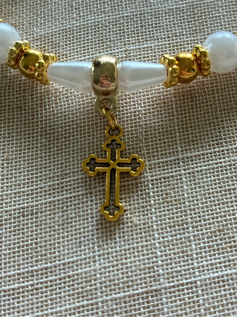 Gold & White Beaded Cross Bracelet, anklet and Earring Set